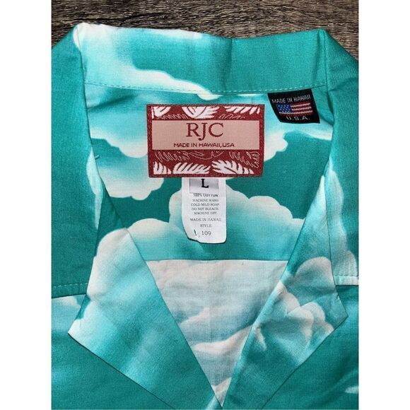 NWT Men’s RJC Hawaiian Shirt Large Blue Beach Made in Hawaii - Picture 2 of 4